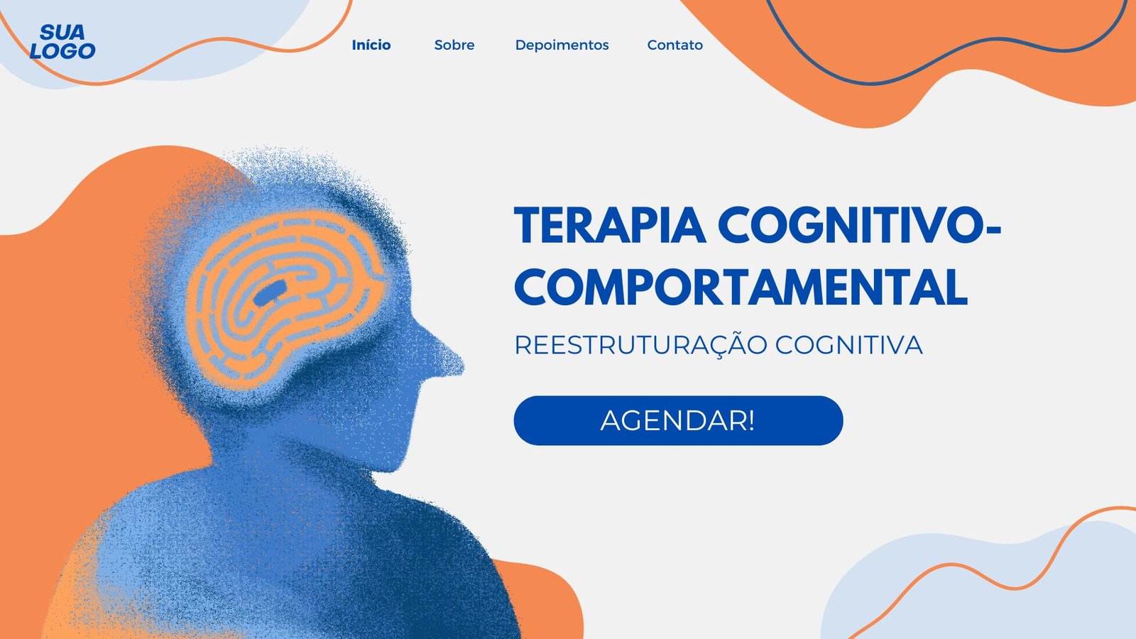 Apresentação moderna slide terapia cognitivo-comportamental psicologia azul e laranja